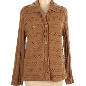 Jones NY camel brown wool chunky cable knit button collared cardigan large